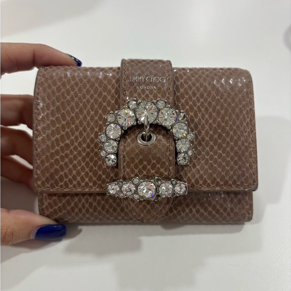 Jimmy Choo Brown Wallet with Textured Material and Crystal Embellishment